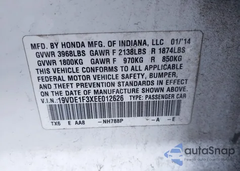 2014 Acura Ilx 2.0L z USA, uszkodzony, nr VIN 19VDE1F3XEE012626